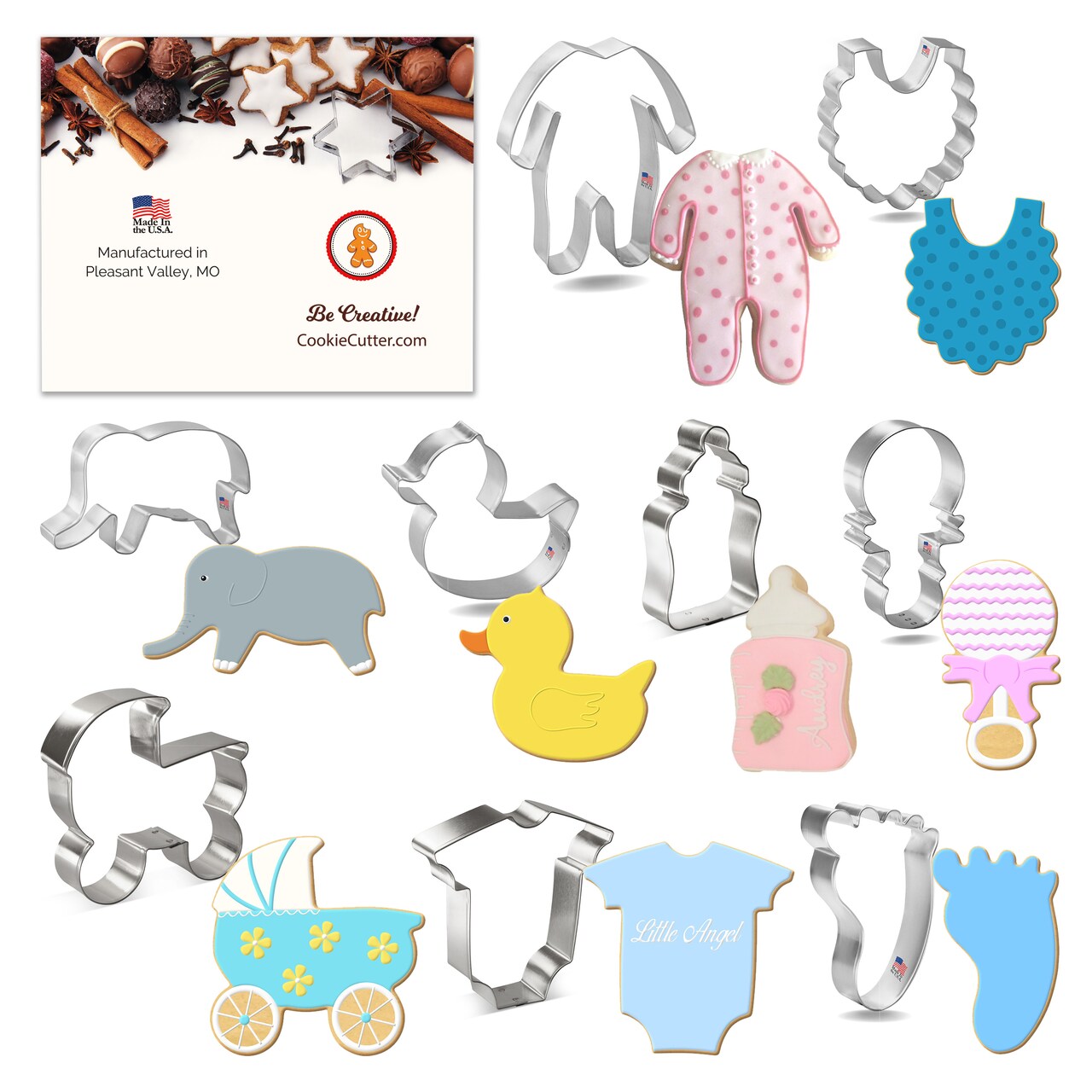 CookieCutter.com 9 Piece Baby Shower Cookie Cutter Set Carriage, Foot, Chunky Bottle, Elephant, Footie Pajamas, Bodysuit, Rubber Duck, Bib, Rattle, USA